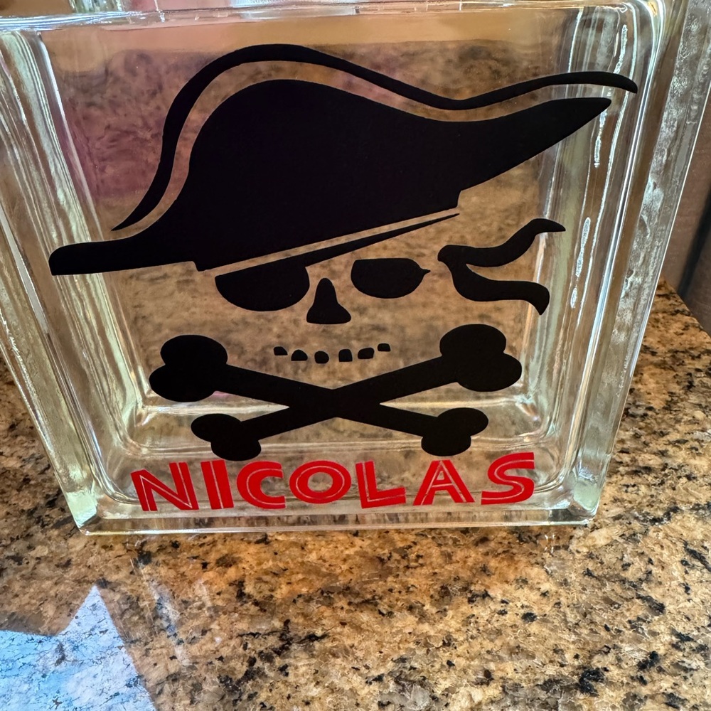 Pirate Skull Glass Block Piggy Bank with Red Accents